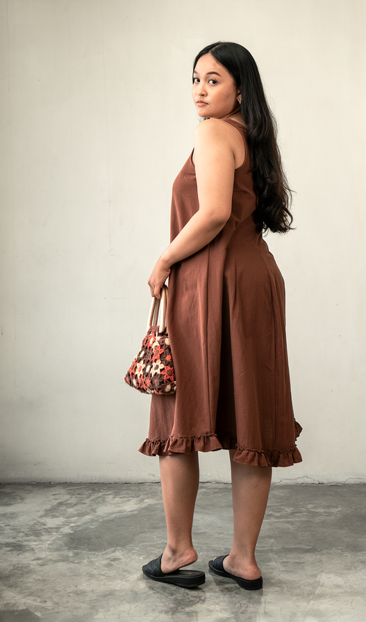 Semi Swing Ruffle Dress Cotton Linen Brown (3 sizes) - SALE balizen Semi Swing Ruffle Dress Cotton Linen Brown (3 sizes) - SALE balizen