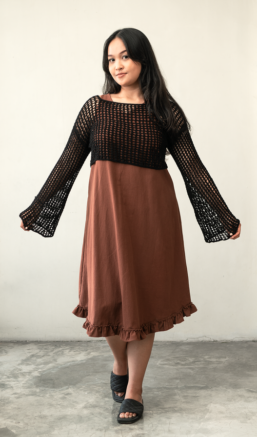 Semi Swing Ruffle Dress Cotton Linen Brown (3 sizes) - SALE balizen Semi Swing Ruffle Dress Cotton Linen Brown (3 sizes) - SALE balizen