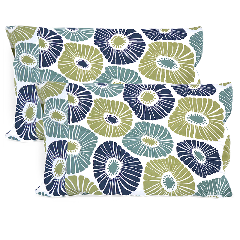 Pillow Case set of 2 | Retro Flowers Green & Blue