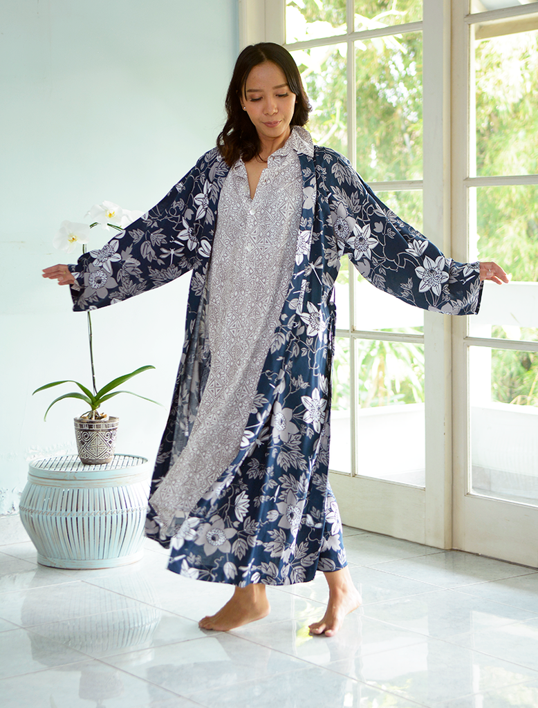 Kimono Robe | Passion Flower Navy Grey