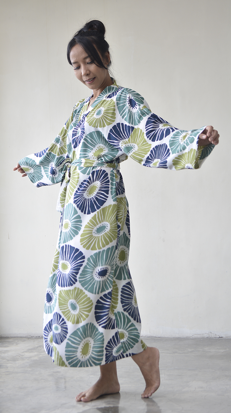 Kimono Robe | Retro Flowers Green & Blue balizen Kimono Robe | Retro Flowers Green & Blue balizen