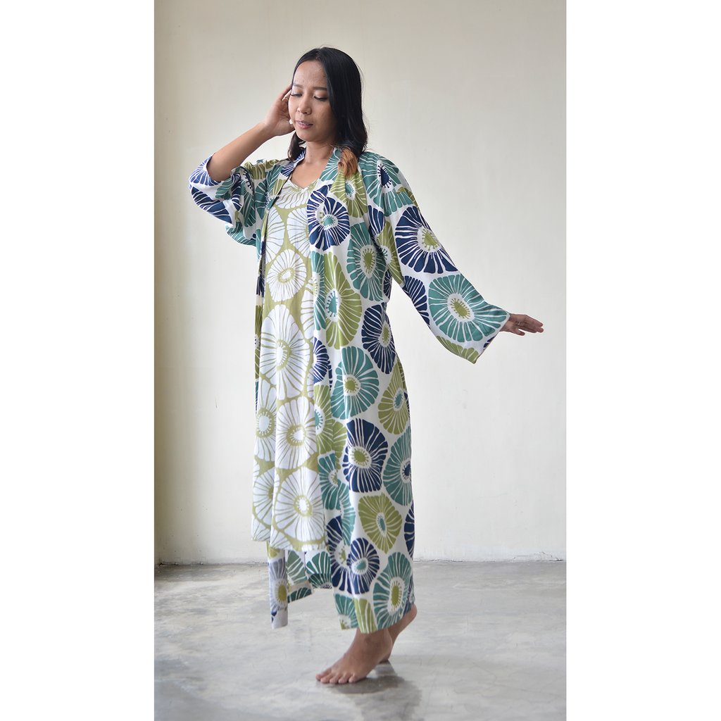 Kimono Robe | Retro Flowers Green & Blue